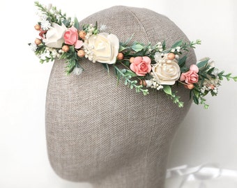 Pink & White flower crown, Peach blush flower crown, Bridal flower crown,Wedding Flower headpiece, Flower crown, Pink flower bridal crown