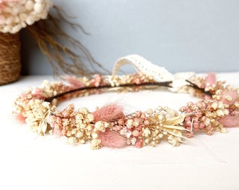Dusty pink Flower Crown Baby's Breath Crown, Real Dry Flower Wreath,Ivory Blush Wreath,Bridal Crown and Boutonniere Set,Floral crown wedding