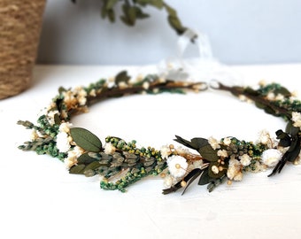Dried Eucalyptus Flower Crown, Baby's Breath Bridal Wreath Boutonniere Set
