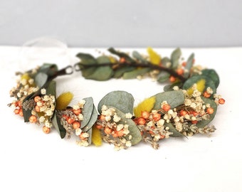 Real Dried Eucalyptus Flower Wreath, Boho hair wreath, Yellow orange flower crown, Gypsophila Wreath, Bridal Crown and Boutonniere Set