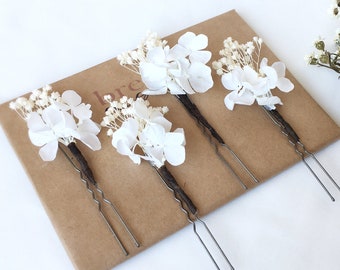 Épingle à cheveux hortensia blanc, épingle à cheveux fleur véritable, pack de 4 pinces à fleurs, épingle à cheveux fleur, ensemble épingle à cheveux fleur sèche, épingle à cheveux de mariée, épingle à cheveux de demoiselle d'honneur