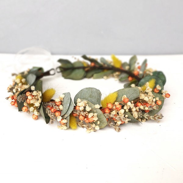 Real Dried Eucalyptus Flower Wreath, Boho hair wreath, Yellow orange flower crown, Gypsophila Wreath, Bridal Crown and Boutonniere Set