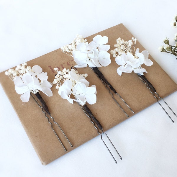 White hydrangea hairpin, Real flower hairpin, 4-Pack Flower Clip, flower hairpin, set dry flower hairpin, bridal hairpin, bridesmaid hairpin