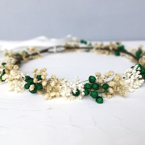 Couronne de fleurs vertes pour mariage, couronne de fleurs, couronne de fleurs séchées, bande de protection pour bébé, élégant bandeau de fleurs, couronne de fleurs sauvages