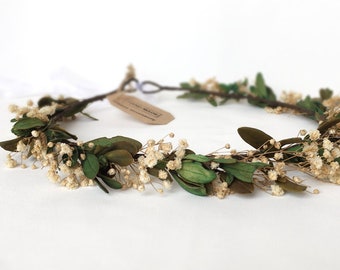 Green dried flower crown, wildflower crown, Baby's breath crown, Green flower crown, Rustic crown, Boho flower wreath, Child flower crown