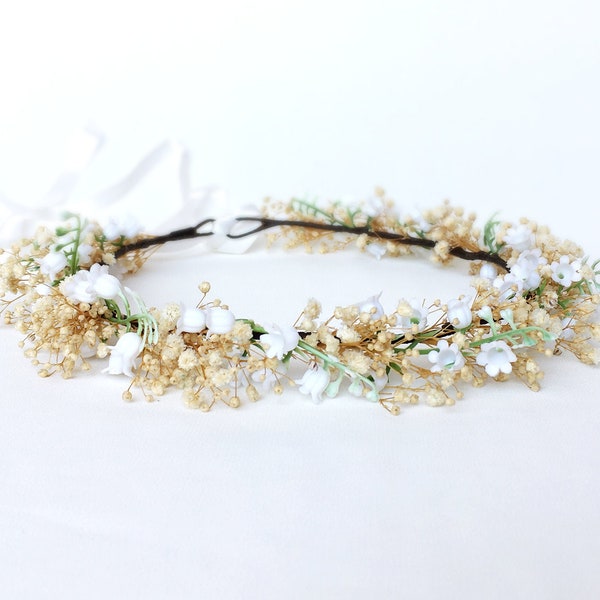 White and ivory Baby's Breath Crown, Boutonniere Set, Flower crown for wedding, Flower Crown Wreath,Flower Girl, elegant bridal flower crown