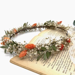 Dried Orange Flower Wreath, Green and Orange Flower Crown, Wedding Rustic Flower Crown, Bridesmaid Wreath, Burnt orange Wildflower Crown image 1