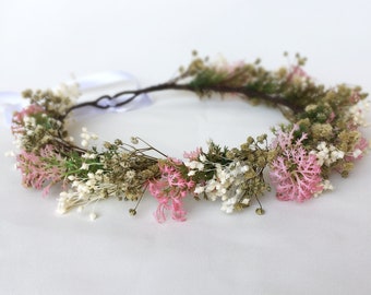 Pink boho flower crown, baby's breath bridal hair wreath, Buttercup headpiece, flower bridal crown, Baby's Breath flower crown