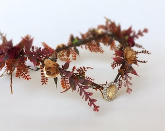 Handmade Gold & Burgundy Flower Crown, Elven Bridal Headpiece