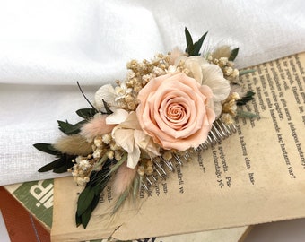 Blush preserved Rose flower hair comb, Salmon flower hair comb, Dried flower hair comb, Bohemian bridal comb, rustic flower hair comb