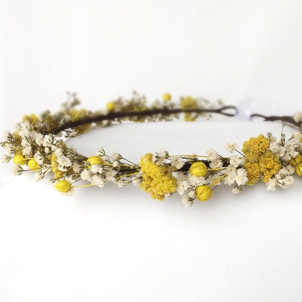 Yellow dried flower crown, wildflower crown, Yellow flower crown, Rustic head wreath, Yellow flower wreath, Baby shower, child girl crown