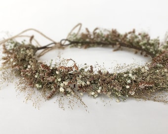 Coroa de flores secas de gypsophila, acessório de cabelo boho para noivas.