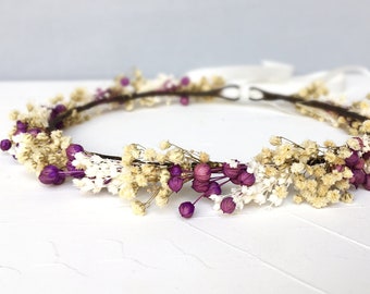 Purple Dried Flower Crown, Baby Breath Headband, Wedding Floral Wreath