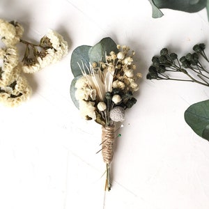 Eucalyptus Boutonniere, ivory dried flower boutonniere, Woodland wedding buttonhole, bohemian greenery boutonniere,grooms flower boutonniere
