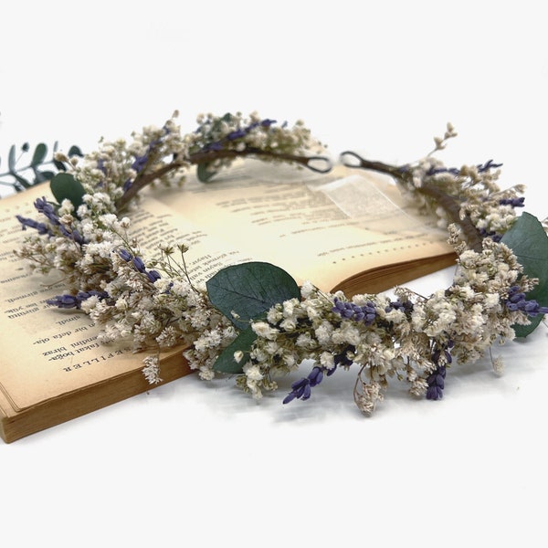 Dried Baby Breath Lavender Flower Crown, Dried Eucalyptus Gypsophila Wreath, Wedding Rustic Flower Crown, Bridesmaid Wreath, Lavander Crown