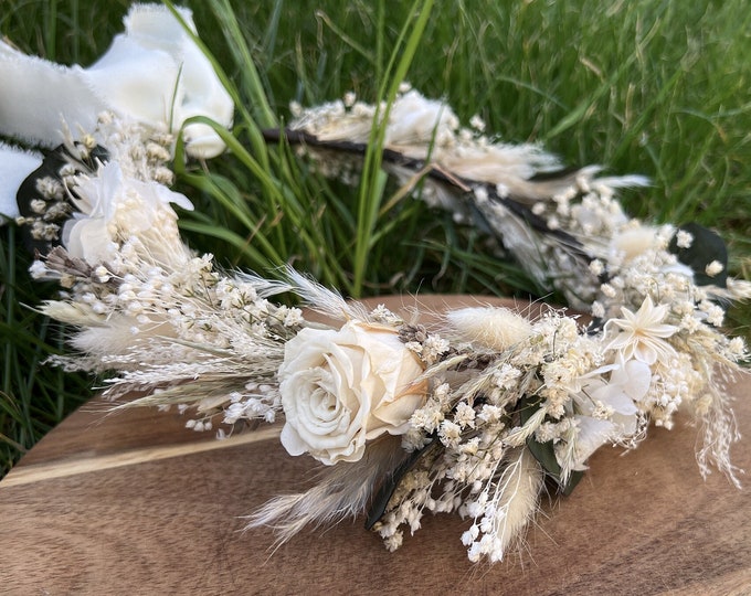 Boho white dried flower crown, Natural wedding flowers Crown, White & green floral bridal crown Gift, Rustic Dried flower Wedding crown