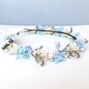 Dusty blue hydrangea flower crown, dusty blue boho flower crown, dried flower crown, Blue & White baby&#39;s breath crown, elegant flower crown
