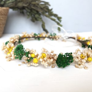 Couronne de fleurs vertes et jaunes pour mariage, couronne de fleurs, couronne de fleurs sèches, bande de protection pour bébé, élégant bandeau de fleurs, couronne de fleurs sauvages
