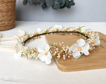 Ivory White Flower Crown, Baby's Breath Halo, Bridal Headband