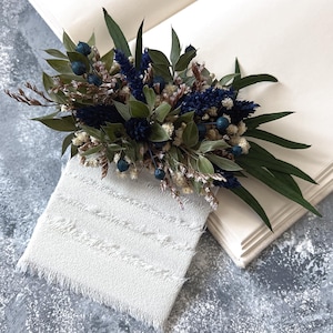 Navy Blue Dried Flower Pocket Boutonniere: Rustic Groom Groomsman Accessory