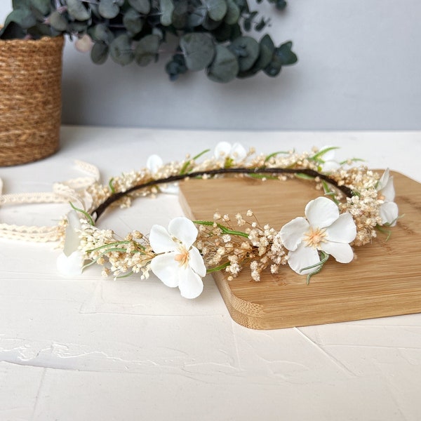Couronne de fleurs blanc ivoire, couronne de gypsophile, halo de fleurs sauvages, shower de bébé, bandeau floral blanc, couronne florale délicate