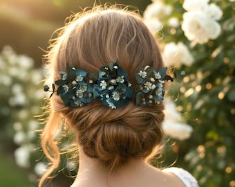 Conjunto de horquillas para el cabello de novia en azul verdoso, accesorios para el cabello de boda en azul empolvado, horquillas florales estilo boho, tocado para damas de honor, tocado rústico para bodas.