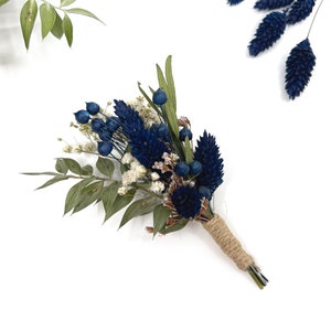 Navy Blue Dried Flower Boutonniere: Boho Groomsman Wedding Accessory