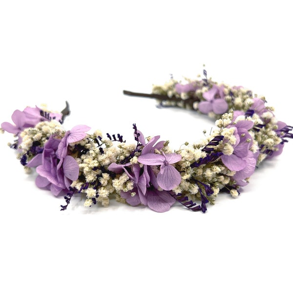 Lilac dry flower headband, pale purple wedding headband, Romantic flower bridal tiara, Lilac hydrangea flower headband, Floral crown