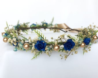 Navy flower crown, gold and navy blue flowers crown, Bridal rustic crown, Buttercup headpiece, Flower bridal crown, Baby's Breath crown