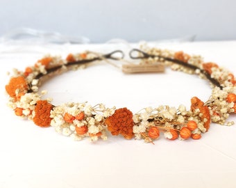 Dried orange boho flower crown, Rust orange wedding flowers, Buttercup headpiece, Orange blossom bridal crown, Baby's Breath flower crown