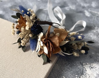 Handmade Navy Blue Flower Wrist Corsage, Bridesmaid Bracelet