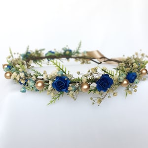 Navy Blue Flower Crown: Gold Accent Bridal Headpiece