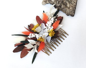 Burnt orange hair comb, bridal hair comb, Wedding dry flower comb, Bridal hair piece, rustic bridal flower comb, boho hair comb