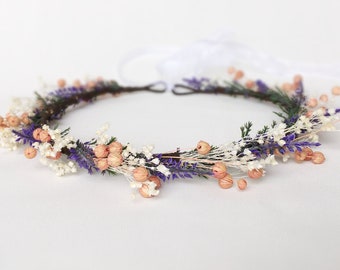 Lavender and blush pink flower Crown, Colorful flower crown, boho flower crown, Bridal flower crown, Rustic wedding crown