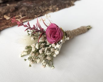 Fuchsia boutonniere, Buttercup boutonniere, boutonniere, Dried Buttercup Buttonhole, Fuchsia rose boutonniere