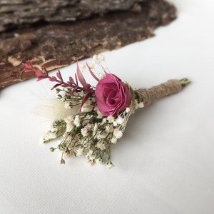 Handmade Dried Flower Boutonniere: Fuchsia Rose & Buttercup Buttonhole