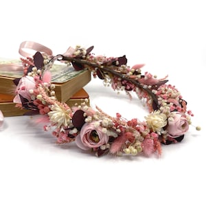 Dried Dusty Pink Flower Crown: Rustic Boho Wedding Hair Wreath