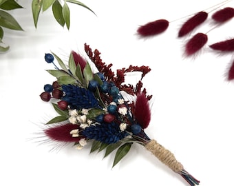 Burgundy dried flower boutonniere, Flower Buttonhole, Groomsman boutonniere, Rustic wedding, Burgundy and navy blue boutonniere