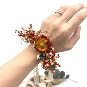 Burnt Orange Dried Flower Corsage: Rustic Bridesmaid Wrist Bouquet
