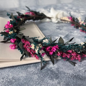 Fuchsia dried flower crown Natural wedding flowers Crown dark pink & green floral bridal crown Gift Rustic Dried flower Wedding crown