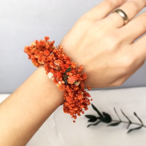 Burnt Orange Dried Flower Wrist Corsage: Handmade Wedding Accessory