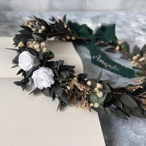 Boho green dried flower crown Natural wedding flowers Crown White & green floral bridal crown Gift  Wedding crown personalized ribbon Crown