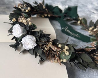 Boho Dried Flower Wedding Crown, Green Eucalyptus, Personalized Ribbon