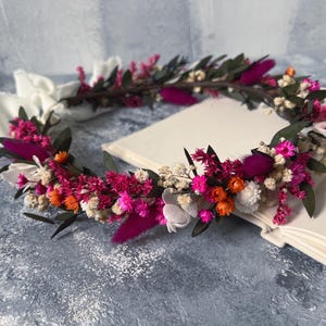 Fuchsia & orange dried flower crown, wedding flowers Crown, dark pink and green floral bridal crown, Gift Rustic Dried flower Wedding crown