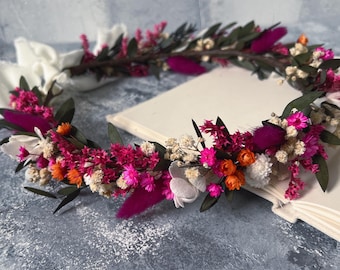 Fuchsia & Orange Dried Flower Crown, Rustic Wedding Headpiece