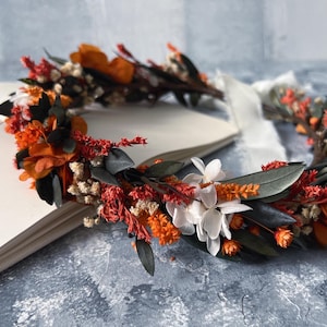 Boho burnt orange dried flower crown Burnt Orange wedding flowers Rust orange floral bridal crown Rustic Dried flower Wedding crown
