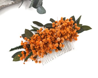 Burnt orange hair comb, Eucalyptus dried flower hair comb, baby's breath bridal comb, Orange flower comb and boutonniere, Fall floral comb