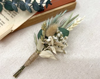 Eucalyptus Boutonniere, Dried Ivory Flower, Rustic Wedding Buttonhole