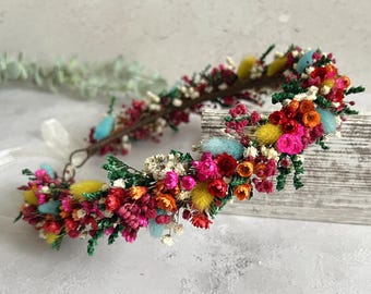 Boho Dried Flower Crown and Boutonniere Set, Festival Wedding Headpiece