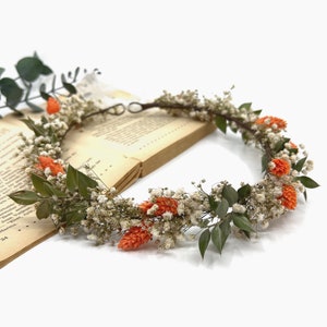 Dried Orange Flower Wreath, Green and Orange Flower Crown, Wedding Rustic Flower Crown, Bridesmaid Wreath, Burnt orange Wildflower Crown image 2